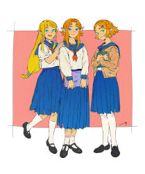 3girls :d alternate_costume black_shoes blonde_hair blue_eyes blue_sailor_collar blue_skirt blunt_bangs book brown_cardigan cardigan closed_mouth commentary contemporary curtained_hair dual_persona full_body green_eyes hair_ornament hairclip hands_on_another&#039;s_shoulders highres holding holding_book kneehighs lip_(lih8) loafers long_hair long_sleeves looking_at_viewer low-tied_long_hair mary_janes medium_skirt multiple_girls neckerchief nintendo open_cardigan open_clothes open_mouth orange_hair parted_bangs pink_background pleated_skirt pointy_ears princess_zelda red_neckerchief sailor_collar school_uniform serafuku shirt shoes short_hair short_sleeves sidelocks signature simple_background skirt smile socks standing standing_on_one_leg the_legend_of_zelda the_legend_of_zelda:_a_link_to_the_past the_legend_of_zelda:_breath_of_the_wild the_legend_of_zelda:_skyward_sword two-tone_background white_background white_shirt white_socks