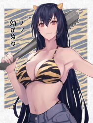1girl adapted_costume bikini bikini_top_only black_pants breasts cleavage club_(weapon) cosplay horns kantai_collection kasumi_(skchkko) long_hair lum lum_(cosplay) nagato_(kancolle) navel orange_eyes over_shoulder pants swimsuit tiger_stripes urusei_yatsura weapon weapon_over_shoulder