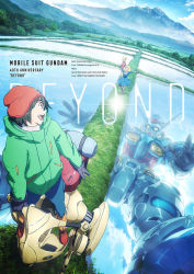 1girl 2boys aged_down artesia_som_deikun bellri_zenam black_hair blonde_hair blue_dress casval_rem_deikun crossover dress g-self gundam gundam_g_no_reconguista hat jacket mecha mobile_suit_gundam_the_origin mountain multiple_boys official_art reflecting_pool reflection reflective_water rice_paddy robot