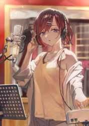 Rule 34 | 1girl, adjusting headphones, breasts, brown hair, cable, hair ornament, hairclip, headphones, highres, higuchi madoka, holding, holding pencil, idolmaster, idolmaster shiny colors, jewelry, microphone, mole, mole under eye, necklace, off shoulder, otsudou, parted lips, pencil, purple eyes, recording studio, ring, sheet music, shirt, short hair, small breasts, solo, swept bangs, tank top, white shirt, white tank top
