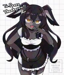 1girl :3 animal_ears black_skin blush breasts brown_eyes colored_skin commission hand_on_own_hip highres kiimorisame long_hair looking_at_viewer navel open_mouth original rabbit_ears rabbit_girl skeb_commission small_breasts smile solo watermark