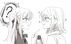2girls backless_dress backless_outfit ball_gag bang_dream! bang_dream!_it&#039;s_mygo!!!!! blush commentary dress ear_blush gag greyscale haidao_mao hair_ribbon heart highres holding_gag long_hair misumi_uika monochrome multiple_girls ribbon sidelocks togawa_sakiko unworn_gag