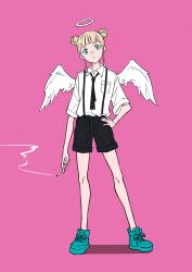 1girl absurdres angel aqua_shoes black_necktie black_shorts blonde_hair cigarette collared_shirt commentary_request double_bun full_body green_eyes hair_bun halo hand_on_own_hip highres holding holding_cigarette looking_at_viewer mele_ck necktie original pink_background shirt shoelaces shoes shorts smoke smoking sneakers solo standing white_shirt wings