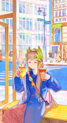2boys 6+girls absurdres alternate_costume arknights back blonde_hair blue_coat brown_hair character_request city closed_mouth coat cup grey_hair highres holding holding_cup ifrit_(arknights) ifrit_(lone_trail)_(arknights) lyuqiu muelsyse_(arknights) multiple_boys multiple_girls pointy_ears scenery silence_(arknights) sitting smile solo_focus tail walking