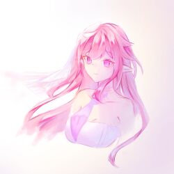 1girl breasts chinese_commentary cleavage commentary_request corset cropped_torso diamond-shaped_pupils diamond_(shape) elf elysia_(herrscher_of_human:_ego)_(honkai_impact) elysia_(honkai_impact) highres honkai_(series) honkai_impact_3rd large_breasts long_hair pink_hair pointy_ears purple_eyes simple_background solo symbol-shaped_pupils veil very_long_hair white_background white_corset white_veil xiaoluoyue03233