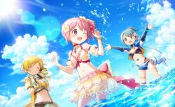 3girls ^_^ artist_request back_bow bare_shoulders belt belt_buckle bikini bikini_skirt black_bow black_bridal_gauntlets black_shrug black_thighhighs blonde_hair blue_bikini blue_gemstone blue_hair blue_jacket blue_sky bow bowtie bracelet breasts bridal_gauntlets brown_belt brown_bridal_gauntlets bubble_skirt buckle choker cleavage clenched_hands closed_eyes closed_mouth cloud collared_shirt cowboy_shot cropped_jacket cropped_shirt day detached_sleeves dot_nose dress drill_hair dutch_angle floral_print flower frilled_arm_warmers frilled_choker frilled_sleeves frills gem hair_bow hair_flower hair_ornament hand_on_own_cheek hand_on_own_face happy high_collar high_ponytail highleg highleg_bikini highres jacket jewelry kaname_madoka kaname_madoka_(swimsuit_ver.) lace lace-trimmed_skirt lace_trim large_breasts layered_bikini layered_sleeves lens_flare light_blush light_particles light_rays long_sleeves looking_at_another magia_record:_mahou_shoujo_madoka_magica_gaiden mahou_shoujo_madoka_magica mahou_shoujo_madoka_magica_magia_exedra miki_sayaka miki_sayaka_(surfer_ver.) miniskirt multicolored_jacket multiple_girls navel ocean official_alternate_costume official_art one_eye_closed open_clothes open_dress open_mouth open_shirt orange_gemstone outdoors outstretched_arms pink_bow pink_bowtie pink_eyes pink_hair ponytail puffy_short_sleeves puffy_sleeves red_choker see-through_bow see-through_clothes see-through_skirt see-through_sleeves shirt short_hair short_over_long_sleeves short_ponytail short_sleeves shrug_(clothing) side_ponytail single_thighhigh skirt sky sleeveless sleeveless_dress sleeves_past_wrists small_breasts smile sparkle splashing standing stomach stomach_jewel summer sun sunlight swimsuit tareme thigh_strap thighhighs tomoe_mami tomoe_mami_(swimsuit_ver.) turtleneck turtleneck_jacket turtleneck_shrug two-tone_jacket wading water_drop white_arm_warmers white_bikini white_flower white_jacket white_shirt white_sleeves yellow_bikini yellow_bow yellow_dress