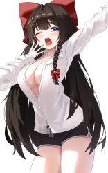 1girl absurdres arm_up black_hair black_shorts blue_eyes bow braid breasts cleavage collared_shirt commission cowboy_shot dolphin_shorts drawstring dress_shirt hair_bow hair_ornament hairclip hand_up heart heart_hair_ornament highres incredibly_absurdres large_breasts long_hair long_sleeves looking_at_viewer no_bra nokde one_eye_closed open_mouth partially_unbuttoned see-through_clothes see-through_shirt shirayuki_hina shirt short_shorts shorts simple_background solo standing stellive tearing_up thighs very_long_hair virtual_youtuber white_background white_shirt