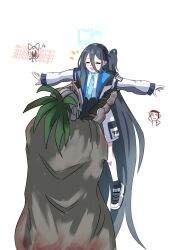 2boys 2girls 30tickets alice_(black_souls) aris_(blue_archive) armor black_hair black_jacket black_souls blood blood_on_clothes blue_archive blue_necktie cloak doodle_sensei_(blue_archive) grimm_(black_souls) hair_between_eyes hair_ribbon half-closed_eyes held_up highres jacket multiple_boys multiple_girls necktie one_side_up outstretched_arms plume ribbon sensei_(blue_archive) shaded_face shirt smile white_footwear white_jacket white_shirt