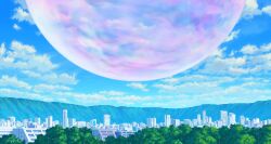 blue_sky bubble building city cloud date_a_live day game_cg gekijouban_date_a_live:_mayuri_judgement mountain no_humans official_art sky third-party_source tree