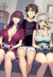 1boy 2girls absurdres bare_shoulders black_hair black_shirt blue_eyes blue_shorts breasts camisole choker cleavage closed_eyes controller couch covered_erect_nipples dynamitenatalia fate/grand_order fate_(series) food fujimaru_ritsuka_(male) game_controller grey_camisole grin highres long_hair miyamoto_musashi_(fate) multiple_girls pink_hair purple_hair purple_shirt red_eyes remote_control_vibrator scathach_(fate) sex_toy shirt short_shorts short_sleeves shorts smile vibrator