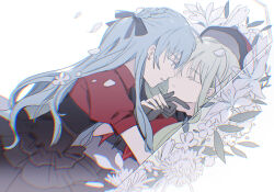 2girls bang_dream! bang_dream!_it&#039;s_mygo!!!!! beret black_gloves black_ribbon black_skirt blue_hair braid chromatic_aberration closed_eyes closed_mouth commentary crying crying_with_eyes_open flower gloves green_hair hair_ribbon hat highres long_hair mortis_(bang_dream!) mortis_(costume)_(bang_dream!) multiple_girls oblivionis_(bang_dream!) open_mouth red_hat red_shirt reiboubyou ribbon shirt sidelocks skirt snow_white_(fairy_tale) tears togawa_sakiko wakaba_mutsumi yellow_eyes yuri