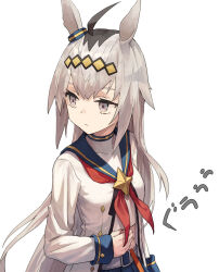 1girl ahoge animal_ears black_hair blue_sailor_collar breasts brooch commentary expressionless grey_eyes grey_hair hand_on_own_stomach horse_ears horse_girl hungry jewelry long_hair long_sleeves looking_afar looking_to_the_side multicolored_hair neckerchief oguri_cap_(umamusume) red_neckerchief sailor_collar simple_background small_breasts solo star_brooch stomach_growling streaked_hair tesin_(7aehyun) umamusume upper_body white_background