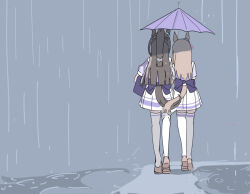 2girls animal_ears back_bow bow brown_hair brown_shoes brown_tail commentary_request ear_ornament el_condor_pasa_(umamusume) from_behind full_body grass_wonder_(umamusume) horse_ears horse_girl horse_tail intertwined_tails long_hair multiple_girls nguyen_tam_lee outdoors pleated_skirt puffy_short_sleeves puffy_sleeves purple_bow purple_shirt rain sailor_collar sailor_shirt school_uniform shared_umbrella shirt shoes short_sleeves side-by-side skirt standing summer_uniform tail thighhighs tracen_school_uniform umamusume umbrella walking white_sailor_collar white_skirt white_thighhighs yuri zettai_ryouiki