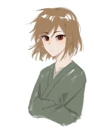 Rule 34 | 1boy, brown hair, closed mouth, commentary request, cropped torso, crossed arms, expressionless, green kimono, harada mutei, japanese clothes, kaze (yznyttdgs), kimono, long sleeves, male focus, red eyes, saibou shinkyoku, short hair, simple background, solo, swept bangs, white background