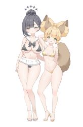 Rule 34 | 2girls, animal ear fluff, animal ears, arm up, bikini, black bikini, black hair, blonde hair, blue eyes, blunt bangs, braid, breasts, bright pupils, commission, contrapposto, full body, gold bikini, green eyes, hair bun, halo, high heels, highleg, highleg bikini, highres, keibeam, large breasts, looking at viewer, microskirt, multiple girls, nail polish, navel, original, sailor collar, sheele (jeojilm), simple background, single sidelock, skindentation, skirt, small breasts, standing, swimsuit, tail, thigh gap, thighs, toenail polish, toenails, white background, white pupils