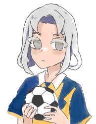 1girl akasode_matsuri_(inazuma_eleven) ball blue_shirt closed_mouth collar grey_eyes grey_hair holding holding_ball inazuma_eleven_(series) inazuma_eleven_victory_road looking_at_viewer raimon raimon_soccer_uniform riyu_2539 shirt short_sleeves simple_background soccer_ball soccer_uniform solo sportswear two-tone_shirt white_background white_collar yellow_shirt
