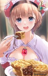 Rule 34 | 1girl, atelier (series), atelier resleriana, atelier rorona, blue eyes, blush, brown hair, capelet, commentary request, eating, food, hat, highres, kishida mel, looking at viewer, official art, open mouth, pie, rorolina frixell, short hair, single sidelock, smile, solo, upper body