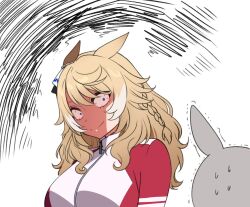 1girl animal_ears asymmetrical_ears blonde_hair braid commentary ear_ornament ears_back false_smile fukuro_(maruaru00) genderswap genderswap_(mtf) glaring highres horse_ears horse_girl jacket long_hair multicolored_hair original personification red_jacket sanpaku sideways_glance silhouette simple_background smile soccer_boy_(racehorse) squiggle track_jacket trembling two-tone_hair umamusume white_background white_hair zipper zipper_pull_tab