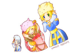 1boy 2girls arch_bishop_(ragnarok_online) armpits blonde_hair blue_coat blue_dress blue_eyes blush breasts carrot closed_eyes coat commentary_request cowboy_shot cross dress fur_collar green_eyes grey_hair heterochromia juliet_sleeves lautrec_v long_hair long_sleeves looking_at_another looking_to_the_side low-tied_long_hair lunatic_(ragnarok_online) medium_breasts multiple_girls open_mouth pink_dress puffy_sleeves rabbit ragnarok_online sash short_hair simple_background smile solo sorcerer_(ragnarok_online) white_background x_mouth yellow_sash