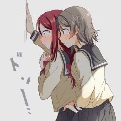 2girls blush grey_hair hand_on_wall long_hair love_live! love_live!_sunshine!! multiple_girls red_hair sakurauchi_riko school_uniform simple_background skirt watanabe_you white_background yuchi_(salmon-1000) yuri