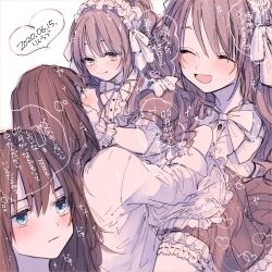 2girls amane_(7783) black_dress blue_eyes blush bow bowtie brown_hair carrying carrying_person closed_eyes commentary_request dated dress hand_on_another&#039;s_face heart highres idolmaster idolmaster_cinderella_girls long_hair long_sleeves multiple_girls open_mouth shibuya_rin shimamura_uzuki shirt smile sweatdrop thigh_strap white_bow white_bowtie white_headdress white_shirt yuri