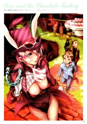 1girl 5boys animal_ears breasts cane cat cleavage fishnet_pantyhose fishnets gloves hat highres large_breasts leotard lips multiple_boys nishieda open_mouth original pantyhose parody pink_hair rabbit_ears smile sunglasses top_hat tuxedo_jacket willy_wonka