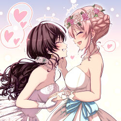 2girls ahoge bare_shoulders blush bow braid breasts brown_hair closed_eyes commentary_request dress earrings female_focus flower flower_wreath gloves grin hair_between_eyes hair_flower hair_ornament half_up_braid hand_on_another&#039;s_face highres hitofudegaki_usagi holding_hands ichinose_shiki idolmaster idolmaster_cinderella_girls jewelry jougasaki_mika large_breasts low_ponytail multiple_girls necklace open_mouth pink_flower pink_hair pink_rose ponytail rose smile strapless strapless_dress waist_bow wedding_dress white_dress white_flower white_gloves white_rose wife_and_wife wrist_cuffs yuri