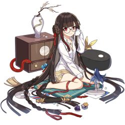1girl bare_legs barefoot black_hair cd cushion figure flower full_body glasses honkai_(series) honkai_impact_3rd long_hair nuwa_(honkai_impact) official_art red_eyes red_ribbon red_snake ribbon scroll shirt sitting snake third-party_source transparent_background wariza white_shirt
