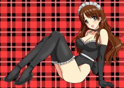 1girl blush bow breasts brown_hair commission commissioner_upload dyana_(gunarmdyne) frilled_one-piece_swimsuit frilled_thighhighs frills full_body grey_eyes high_heels highres leaning_back long_hair maid maid_headdress one-piece_swimsuit original simple_background sitting skeb_commission smile solo swimsuit thighhighs yuuyuu_(3jjbn)