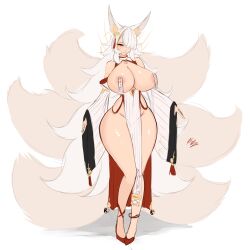 1girl absurdres animal_ear_fluff animal_ears areola_slip breasts fox_ears fox_girl fox_tail gold_halo hair_ornament hair_over_one_eye halo high_heels highres huge_breasts kitsune krass multicolored_hair multiple_tails narrow_waist one_eye_covered original simple_background single_hair_streak solo streaked_hair tail white_background white_hair wide_hips yang_(krass) yellow_eyes