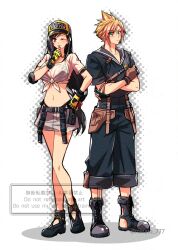 1boy 1girl baseball_cap bikini bikini_under_clothes black_bikini black_hair blonde_hair blowing_whistle blue_eyes boots breasts cleavage cloud_strife cloud_strife_(maritime_sailor) crop_top elbow_pads final_fantasy final_fantasy_vii final_fantasy_vii_ever_crisis frayed_clothes frayed_skirt hat large_breasts long_hair looking_at_another low-tied_long_hair minato_(ct_777) official_alternate_costume sailor_collar see-through_cleavage see-through_clothes see-through_shirt shirt single_elbow_pad spiked_hair standing swimsuit tied_shirt tifa_lockhart tifa_lockhart_(lifeguard) two-tone_headwear wet wet_clothes wet_shirt whistle whistle_around_neck