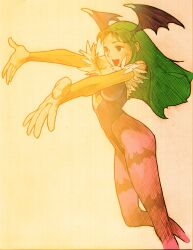 1girl :d animal_print bare_shoulders bat_print bat_wings bengus black_leotard breasts bridal_gauntlets capcom cleavage clothing_cutout darkstalkers demon_girl facing_to_the_side fur-trimmed_leotard fur_trim game_cg green_eyes green_hair head_wings heart_cutout highleg highleg_leotard highres large_breasts leotard long_hair marvel_vs._capcom marvel_vs._capcom_2 morrigan_aensland non-web_source off-shoulder_leotard official_art open_mouth outstretched_arms pantyhose print_pantyhose purple_pantyhose purple_wings scan simple_background smile solo wings