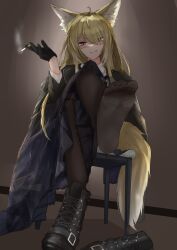 1girl absurdres animal_ears arknights biting_own_lip black_nails blonde_hair blush boots cigarette clenched_teeth crossed_legs deppy feet foot_focus fox_ears fox_tail hair_over_one_eye highres long_hair looking_at_viewer nail_polish orange_eyes pantyhose shoes sitting smoking soles tail teeth toe_scrunch toenail_polish toenails toes unworn_boots unworn_shoes vulpisfoglia_(arknights)