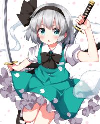 1girl black_bow black_bowtie black_hairband black_ribbon black_shoes blush bob_cut bow bowtie collared_shirt commentary_request frilled_skirt frills green_eyes green_skirt green_vest grey_hair hairband highres hitodama_print holding holding_sword holding_weapon katana konpaku_youmu konpaku_youmu_(ghost) mary_janes open_mouth puffy_short_sleeves puffy_sleeves ribbon ruu_(tksymkw) shirt shoes short_hair short_sleeves skirt skirt_set solo sword touhou vest wakizashi weapon white_shirt