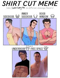 5boys alternate_costume alternate_pectoral_size apron bara bare_arms bare_pectorals bare_shoulders beard black_eyes black_hair blue_dress brown_eyes buzz_cut chest_hair chest_harness cleavage_cutout clothing_cutout covered_erect_nipples crossed_arms dark-skinned_male dark_skin dress english_text facial_hair facial_scar golden_kamuy hadanugi_dousa hairy harness highres japanese_clothes kimono koito_otonoshin large_pectorals long_sideburns male_focus mature_male meme multiple_boys multiple_drawing_challenge muscular muscular_male naked_apron nipple_slip nipples ogata_hyakunosuke open_clothes open_kimono pectoral_cleavage pectorals piika_(piikassoup) pink_dress scar scar_on_arm scar_on_cheek scar_on_chest scar_on_face scar_on_mouth scar_on_nose shirt_cut_meme short_hair sideburns sidepec sleeveless sleeveless_dress stubble sugimoto_saichi tanigaki_genjirou thick_eyebrows tsukishima_hajime upper_body very_short_hair