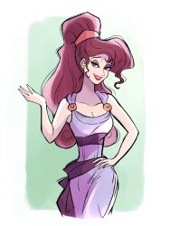 1girl ancient_greek_clothes animification bare_shoulders brown_hair dress eyeshadow greco-roman_clothes hercules_(1997_movie) highres long_hair looking_at_viewer makeup megara_(disney) moko_eaka ponytail purple_dress purple_eyes purple_eyeshadow simple_background sleeveless smile