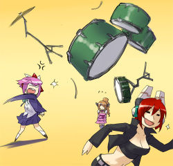 3girls angry breasts brown_hair cleavage cosmic_break dress drill_hair drum hair_ornament hair_over_one_eye instrument long_hair lowres maril_march midriff misty_hollow multiple_girls navel open_mouth pink_hair red_hair running short_hair skirt skj socks throwing winberrl