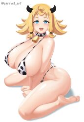 Rule 34 | 1girl, absurdres, animal print, arms between legs, artist name, ass, bare legs, barefoot, bikini, black horns, blonde hair, blue eyes, breasts, choker, cow girl, cow horns, cow print, cow print bikini, cowbell, feet, female focus, full body, hair tie, highres, horns, huge breasts, looking at viewer, neck bell, open mouth, original, paravet, print bikini, short hair, signature, simple background, sitting, smile, solo, swimsuit, thick thighs, thighs, toes, twitter username, wariza, white background, wide hips