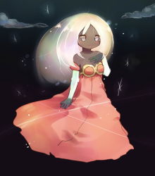 1girl black_skin blonde_hair colored_skin dark-skinned_female dark_skin detached_sleeves dress female_focus fuchsia full_body gen_1_pokemon grey_eyes jynx long_hair nintendo personification pokemon solo