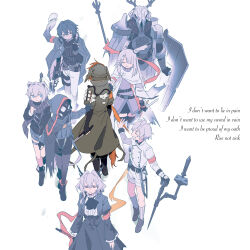 4boys 4girls absurdres animal_ears arknights ascot bear_ears belt black_ascot black_boots black_dress black_gloves black_hair black_jacket black_pantyhose black_scarf black_shirt black_shorts black_thighhighs blunt_bangs boots brown_coat cape closed_eyes coat crownslayer_(arknights) dopperu_ben dragon_horns dress elbow_gloves english_text faust_(arknights) fingerless_gloves floppy_ears frilled_ascot frilled_dress frills frostnova_(arknights) gas_mask gloves grey_dress grey_hair gun hair_over_one_eye handgun highres holding holding_gun holding_shield holding_staff holding_weapon hood hooded_cape horns hyena_ears hyena_girl hyena_tail jacket jacket_on_shoulders juliet_sleeves juxtaposition loafers long_hair long_sleeves mask mephisto_(arknights) misha_(arknights) multiple_boys multiple_girls pants pantyhose patriot_(arknights) puffy_sleeves red_hair rifle scarf shield shirt shoes short_hair short_hair_with_long_locks shorts sidelocks skullshatterer_(arknights) smile sniper_rifle staff sword talulah_(arknights) thigh_boots thighhighs walking weapon white_background white_boots white_cape white_hair white_jacket white_pants white_shorts