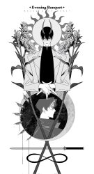 2boys \n/ benkdjjituibot black_coat black_eyes black_hair black_skirt closed_eyes coat collared_shirt crescent_moon crying crying_with_eyes_open demon_horns double-parted_bangs english_text fingernails flower greyscale hair_between_eyes highres holding_own_hand horns infinity_symbol kim_dokja light_smile long_fingernails monochrome moon multiple_boys omniscient_reader&#039;s_viewpoint popped_collar shirt short_hair skirt sky star_(sky) starry_sky sun_behind_head sunflower sword tears too_many_eyes too_many_flowers weapon white_coat yoo_joonghyuk