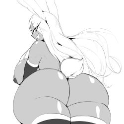1girl animal_ears ass boku_no_hero_academia breasts female_focus from_behind highres huge_ass large_breasts long_hair looking_at_viewer looking_back mirko monochrome nude rabbit_ears rabbit_girl rabbit_tail sketch smile solo tail thecon thick_thighs thighhighs thighs white_background wide_hips