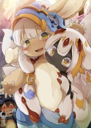 1boy 1girl 1other black_hair black_skin blush body_fur brown_fur colored_eyelashes colored_skin dagasi extra_arms faputa furry furry_female hat highres looking_at_another made_in_abyss nanachi_(made_in_abyss) open_mouth reg_(made_in_abyss) short_hair smile stomach whiskers white_fur white_hair yellow_eyes