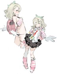 Rule 34 | 1girl, absurdres, backpack, bag, black panties, black skirt, blonde hair, bow, chinatsu remiel, green bow, hair ornament, highres, holding, holding bag, kneehighs, long hair, necktie, panties, pink bag, shirt, simple background, skirt, socks, striped clothes, striped socks, suumao, thigh strap, underwear, white background, white shirt, zenless zone zero
