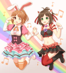 2girls :d abe_nana animal_ears black_boots black_skirt blue_skirt blush boots bow bra breasts brown_eyes brown_hair cat_ears dress fake_animal_ears frilled_bra frilled_dress frilled_skirt frills green_eyes highres holding_hands idolmaster idolmaster_cinderella_girls interlocked_fingers juliet_sleeves kurisu-kun long_sleeves maekawa_miku medium_breasts midriff multiple_girls musical_note open_mouth orange_hair over_the_collar_(idolmaster) paw_pose pink_skirt pink_thighhighs puffy_sleeves rabbit_ears rainbow red_thighhighs short_hair skirt smile thighhighs thighs underwear v v_over_eye white_background white_boots
