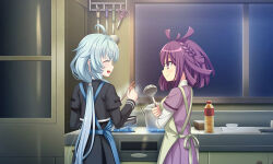 2girls ^_^ antenna_hair apron artist_request back_bow black_dress black_jacket blue_apron blue_hair bottle bow bowl box braid cabinet chopsticks closed_eyes closed_mouth collared_shirt colored_eyelashes cooking cooking_pot cowboy_shot criss-cross_back-straps crossed_arms cutting_board daito_academy_school_uniform dress faucet from_behind frying_pan game_cg hair_half_over_shoulder happy holding holding_chopsticks holding_frying_pan holding_ladle indoors jacket kitchen ladle layered_sleeves light_blush long_hair long_sleeves looking_at_another low_twintails magia_record:_mahou_shoujo_madoka_magica_gaiden mahou_shoujo_madoka_magica medium_hair mizuna_girls&#039;_academy_school_uniform multiple_girls night official_art open_mouth pleated_skirt pointy_nose purple_dress purple_eyes purple_hair ribbon sarasa_hanna school_uniform scissors sena_mikoto shirt short_over_long_sleeves short_sleeves side_braid single_braid sink skirt smile stove tsurime twintails very_long_hair white_apron white_ribbon white_shirt window