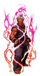 1boy :d absurdres akuma_(street_fighter) angry beads black_dougi capcom capcom_vs_snk capcom_vs_snk_2 clenched_hand dougi energy fingerless_gloves game_cg gloves glowing glowing_eyes highres male_focus martial_arts_belt mma_gloves mori_toshiaki muscular muscular_male non-web_source official_art open_mouth powering_up prayer_beads shin_akuma sleeveless smile solo street_fighter teeth topknot torn_clothes torn_sleeves white_background white_eyes white_hair