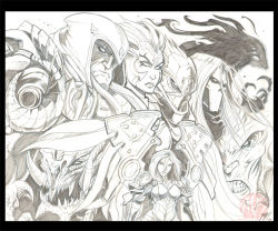 2girls 4boys angel angel_wings angry armor artist_request black_hair breasts character_request claws closed_mouth commentary darksiders darksiders_ii darksiders_iii death_(darksiders) demon determined english_commentary faceless facial_mark facing_viewer fangs fury_(darksiders) greyscale hand_up hood hood_up large_breasts long_hair looking_ahead looking_at_viewer looking_to_the_side mask matt_frank medium_hair monochrome multiple_boys multiple_girls no_pupils orange_eyes pale_skin parted_lips pauldrons pupiless_eyes purple_hair samael_(darksiders) sharp_teeth short_hair shoulder_armor sketch standing strife_(darksiders) tagme teeth tusks uriel_(darksiders) war_(darksiders) white_background wings