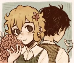 2boys alternate_eye_color basil_(faraway)_(omori) basil_(omori) black_eyes black_hair black_sweater_vest blonde_hair blush bouquet collared_shirt flower green_sweater_vest hair_flower hair_ornament highres holding holding_bouquet lily_of_the_valley male_focus multiple_boys omori ottie_pops parted_lips ringed_eyes shirt short_hair short_sleeves sunny_(omori) sweater_vest white_shirt