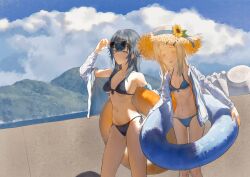 2girls absurdres bikini black_bikini blonde_hair blue_bikini blue_sky breasts cloud cloudy_sky commentary_request crane666 eyewear_on_head feet_out_of_frame front-tie_bikini_top front-tie_top gakuen_idolmaster green_eyes grey_hair hat highres holding holding_swim_ring idolmaster innertube long_hair medium_breasts mountainous_horizon multiple_girls multiple_hair_clips navel off_shoulder orange_eyes outdoors parted_bangs parted_lips photo_background shinosawa_hiro shirt side-tie_bikini_bottom sidelocks sky small_breasts smile standing stomach straw_hat sun_hat sunglasses swim_ring swimsuit tsukimura_temari underboob white_shirt